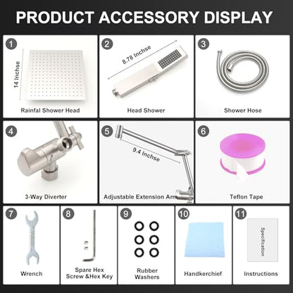 All Metal 12 Inch Rain Shower Head with Handheld Spray Combo, High Pressure Waterfall Rainfall Square Shower Heads with 16" Adjustable Extension Arm, Dual Showerhead with 3-Way Diverter,Brushed Nickel - color: Brushed Nickel, size: 12 Inch