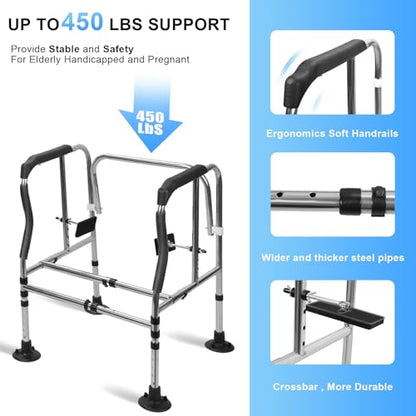 Toilet Safety Rail for Seniors, Height Width Adjustable Toilet Safety Frames with Anti-Slip Handles and Suction Cups for Elderly & Disabled, Toilet Seat Riser for Bathroom Safety, 450 lbs Capacity Bl