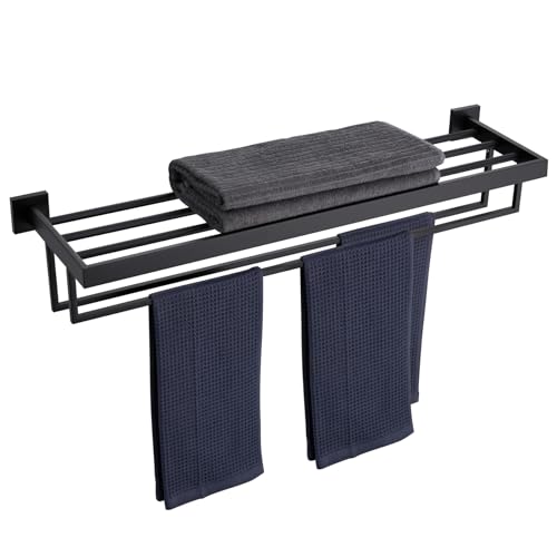KOKOSIRI Black Towel Rack 32'' Bathroom Towel Shelf with Double Towel Bars SUS304 Matte Black Stainless Steel Wall Mounted, B6003BK-L32 - color: Matte Black, size: 32-Inch