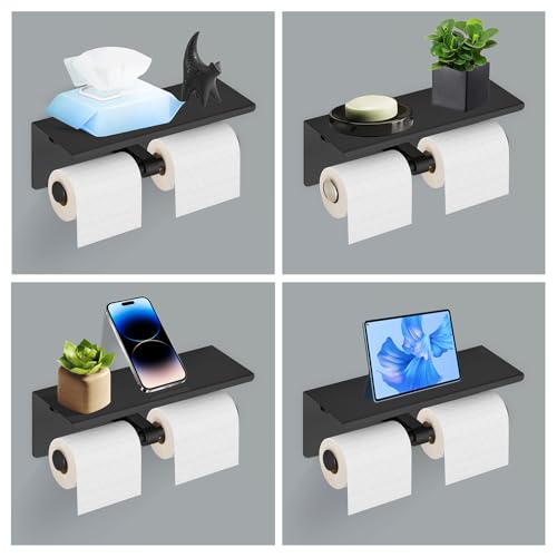 Black Double Paper Holder with Shelf, Toilet Roll Holder for Bathroom | Wall Mounted SUS 304 Stainless Steel Toilet Tissue Holder YIGUANXIN - color: Black