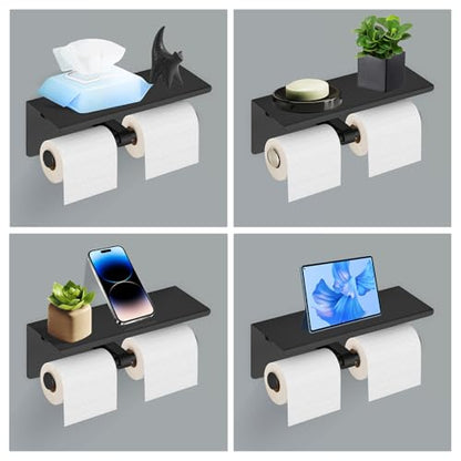 Black Double Paper Holder with Shelf, Toilet Roll Holder for Bathroom | Wall Mounted SUS 304 Stainless Steel Toilet Tissue Holder YIGUANXIN - color: Black