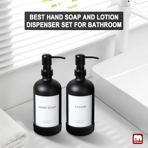 GMISUN Black Soap Dispenser with Silicone Sleeve Boot, 2 Pack Glass Bathroom Hand Soap Dispensers with Stainless Steel Pump, 17 Fl Oz Kitchen Hand and Dish Soap Dispenser Set, Liquid Dispensers Bottle - color: Black Bottle + Black Pump + Silicone Boot, si