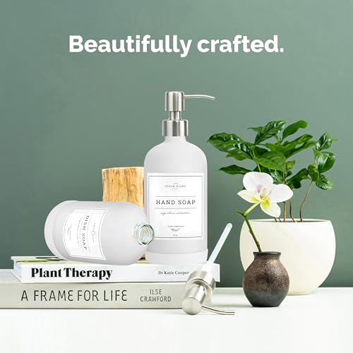 Vine Creations White Glass Soap Dispenser, 2 Pack Kitchen Soap Dispenser Set with Stainless Steel Pump, 16 oz Dish Soap and Hand Soap Dispensers for Bathroom with Waterproof Labels - color: Matte White Bottle / Silver Pump
