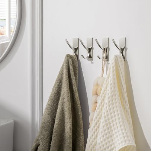 Self Adhesive Towel Hooks: Extra Strong 13LB, Stainless Hook for Hanging Loofah, Towels, Coat, Bath Robe Bathroom Shower, Brushed Nickel, 4 Pack - color: Brushed Nickel, size: 4 Pack