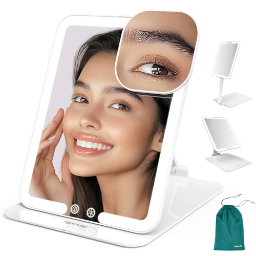 Mocado Travel Makeup Mirror with Light, Foldable Lighted Makeup Mirror | 7x5 Inches, 3 Colors Lighting, Height & Angle Adjustable, 0-100% Brightness, 2000mAh Rechargeable, Memory Function(White) - color: White, size: 7.5"L x 5"W