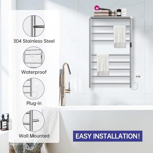 Heated Towel Racks for Bathroom, 11Bar Electric Towel Warmer Rack with Shelf & 2 Hooks, Wall-Mounted Time Setting and Temperature Control Heated Drying Rack for Home, Salon, Spa (Silver - color: Sliver