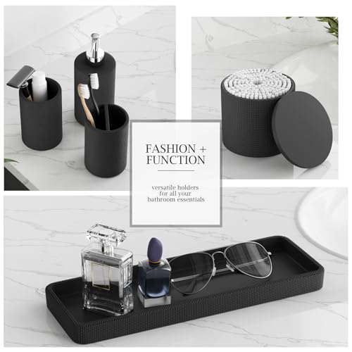 6-Piece Black Bathroom Set - Mesh Textured Resin Bathroom Accessories Set with Soap Dispenser, Toothbrush Holder, Cup, Vanity Tray & Apothecary Jars for Small Spaces - color: Black - Mesh Textured