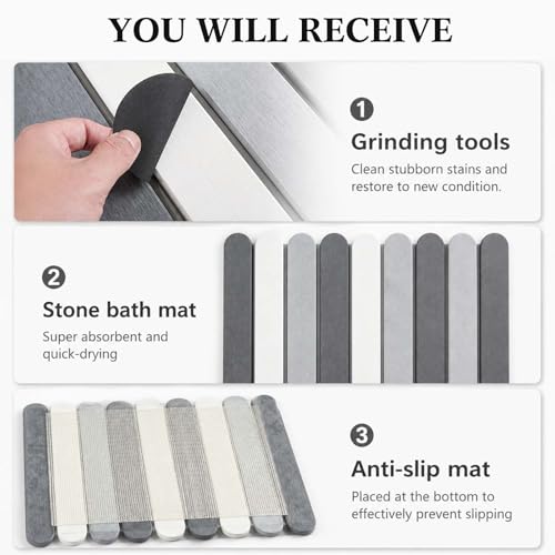 Stone Bath Mats for Bathroom, 23.6 x 15.3 Inch,Rounded Edge | Foldable Super Absorbent Diatomaceous Earth Bath Mat, Non Slip Quick Drying Bathroom Shower Rugs, Easy to Clean and Storage - style: Rounded Edge