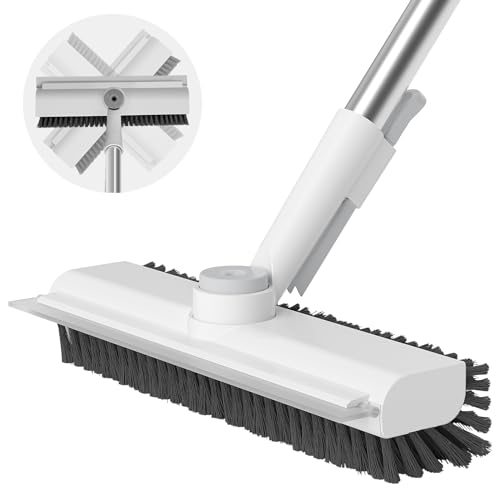 AIR U+ Floor Scrub Brush with Long Handle, 3-in-1 Rotating Head & Squeegee | Stiff Dual-Sided Bristle Scrubber for Shower, Bathroom, Kitchen and Patio, 30–50 In Handle for Easier Stand-up Cleaning - color: White, size: 1 PACK