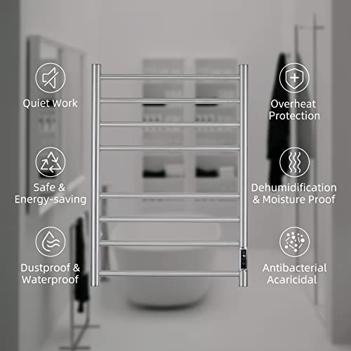 Towel Warmer with Built-in Timer ETW44-2S for Bathroom Wall Mounted Bath Towel Heater Plug-in Electric Heated Towel Rack Brushed