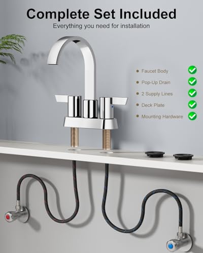 Polish Chrome Bathroom Faucet,4 Inch Centerset 2-Handle Waterfall | Includes Pop-Up Drain,24-Inch Supply Lines,Mounting Hardware,SUS304 Stainless Steel Construction,And A 360° Swivel Spout - color: Polish Chrome