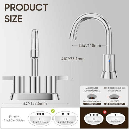 Phiestina 4 Inch Centerset 2 or 3 Holes 2 Handle Chrome Lead-Free Bathroom Faucet, Swivel Spout with Copper Pop Up Drain and 2 Water Supply Lines, BF015-1-C - color: Chrome