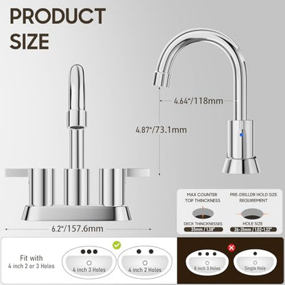Phiestina 4 Inch Centerset 2 or 3 Holes 2 Handle Chrome Lead-Free Bathroom Faucet, Swivel Spout with Copper Pop Up Drain and 2 Water Supply Lines, BF015-1-C - color: Chrome