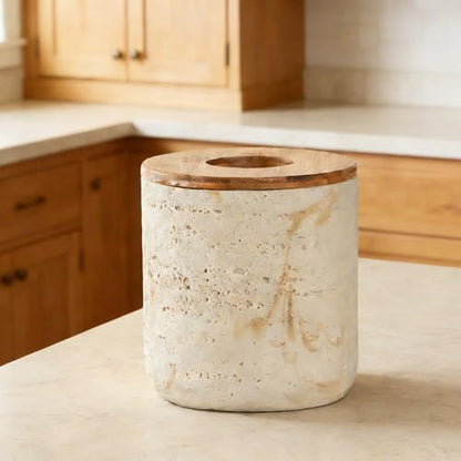 Natural Travertine Textures Beige Mini Trash Can with Bamboo Lid,Small Countertop Trash Can for Bathroom, Kitchen, Vanity, Desk Trash Can,Table Top Mini Garbage Can for Dining Room, Tiny Waste Basket - color: Mini Yellow