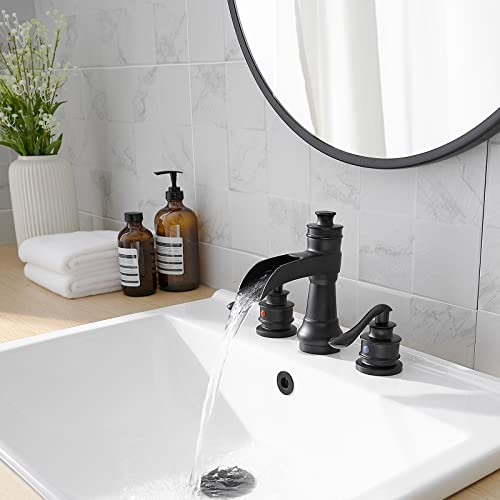 Bathroom Sink Faucet Waterfall 3 Hole or 8 Inch Widespread Tap | Matte Balck,Brass,Double Handle,Easy to Clean,Simple Installation,Pop-up Drain,Supply Line,Control of Hot and Cold Water - color: Matte Black