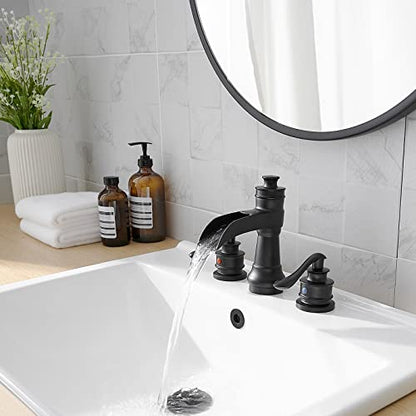 Bathroom Sink Faucet Waterfall 3 Hole or 8 Inch Widespread Tap | Matte Balck,Brass,Double Handle,Easy to Clean,Simple Installation,Pop-up Drain,Supply Line,Control of Hot and Cold Water - color: Matte Black