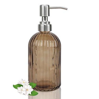 14Oz Brown Glass Soap Dispenser Bathroom, Stainless Steel Pump, Stripe | Clear Glass Liquid Hand Soap Dispensers, Refillable Dish Soap Dispenser for Kitchen, Countertop Soap Dispensers - color: Brown