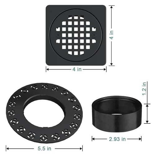 4 Inch Drain Grate Kit, Square Shower Floor Drain SS304 Stainless Steel | Compatible with Schluter Kerdi Drain Flange, Height Adjustment Collar and Ring - Matte Black - color: Matte Black