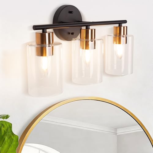 3-Light Black and Gold Bathroom Vanity Light Fixtures Over Mirror | Bathroom Wall Sconce, Clear Glass Shade, For Bathroom Bedroom Dressing Table Hallway, E26 Base - color: 3 Light Gold + Black
