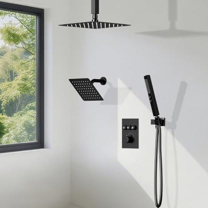 Thermostatic Shower System Matte Black Push Button Shower Faucet Set,12" Ceiling Rainfall and 6" Wall Mount Rain Shower with 2 in 1 Handhled, Can Use All at Once, Shower Set with Valve and Trim Kit - color: Matte Black, size: 6+12 inch-11