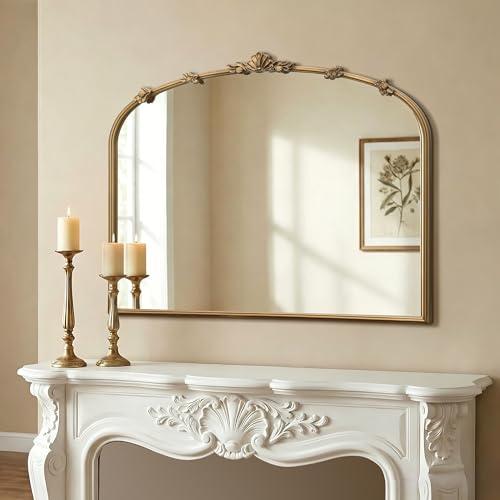 Besdomus Vintage Gold Arched Mirror: 36"x29" Antique Vanity Mirror | French Baroque Decorative for Wall/Mantel/Bedroom/Entryway/Bathroom/Hallway - Home Decor for Fashion- Conscious - size: 29"L x 36"W
