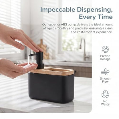 RQYIXI 2-in-1 Ceramic Soap Dispenser with Sponge Holder, Black, 17 Oz | natural acacia wood accent rectangular modern kitchen sink organizer caddy pump countertop farmhouse - color: White Wax Wood Square