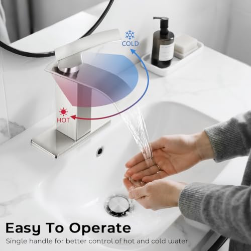 Brushed Nickel Bathroom Faucets, Waterfall Bathroom Sink Faucet | Single Handle, Stainless Steel, Vanity Faucet with Deck Plate, Pop-up Drain, For 1 or 3 Hole, RV, Farmhouse - color: A-Brushed Nickel