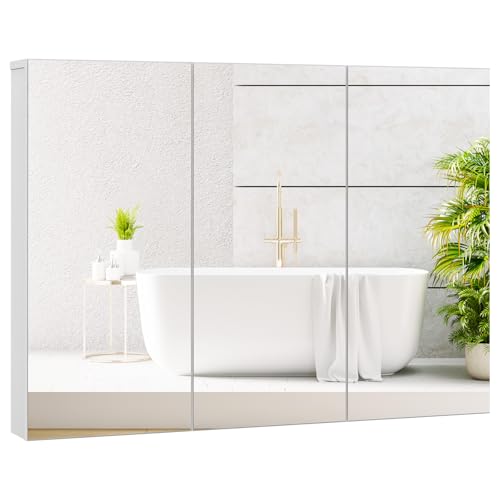 Tangkula Mirrored Medicine Cabinet, Large Wide Wall Mounted Storage Cabinet with 3 Mirror Doors, Hanging Bathroom Organizer, White, 34.5 x 5 x 25.5 Inches - size: 34.5 x 25.5 Inch