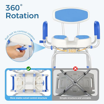 FAHKNS Swivel Senior Bathing Chair with Arms & Back, 400 LBS Heavy Duty U-Shape Seat, Height Adjustable Safety Bath Seat for Tub, Elderly & Disabled - color: Blue