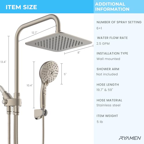 Dual Shower Head Combo, 8'' High Pressure Rain Shower Head with Handheld Spray, 6+1 Spray Settings Handheld Showerhead, Height Adjustable, One-touch Pause Button, Brushed Nickel - color: Brushed Nickel
