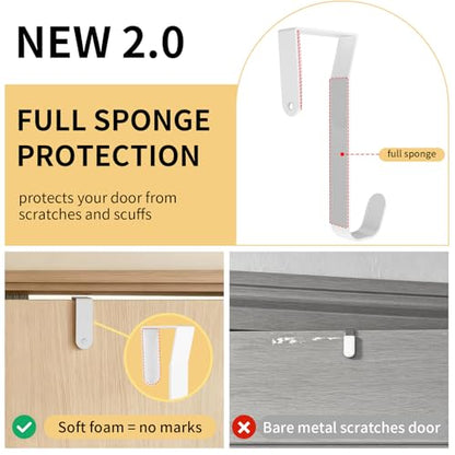 Over the Door Hooks, Curved Design Locks Wider & Longer, White | 4 Pack Door Hanger for 1.46" Thick Door with Sponge Mat, Door Hooks Organizer for Bathroom, Living Room, Kitchen