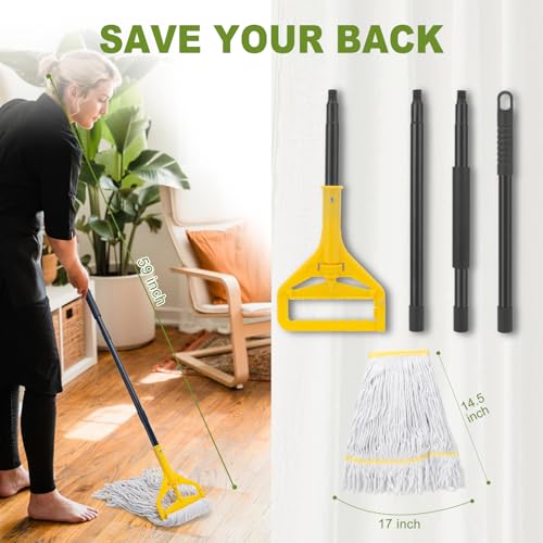 KeFanta 2 Pack Commercial Mop Heavy Duty,Industrial String Cotton Wet Mops | 60 inch Long Handle,Looped-End Mop Head,for Home,Garage,Kitchen, Office, Workshop, Warehouse Floor Cleaning - size: 2 Mop Handles + 2 Mop Heads