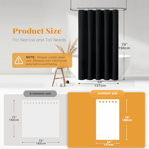 Stall Fabric Shower Curtain, 54x78 Inch Long Linen Textured Heavy Duty Cloth Shower Curtain Set with 10 Plastic Hook, Narrow Hotel Spa Weighted Bath Curtains for Bathroom, Machine Washable, Black | Narrow Long Size, 230GSM Polyester, Heavy Duty Cloth, Wei