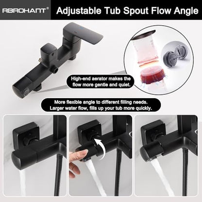 RBROHANT 3 Functions Exposed Shower System, Matte Black Exposed Shower Faucet Set, 10 Inch Rain Shower Head with Handheld and Tub Spout,Shower Height Adjustable, Wall Mounted - color: Matte Black