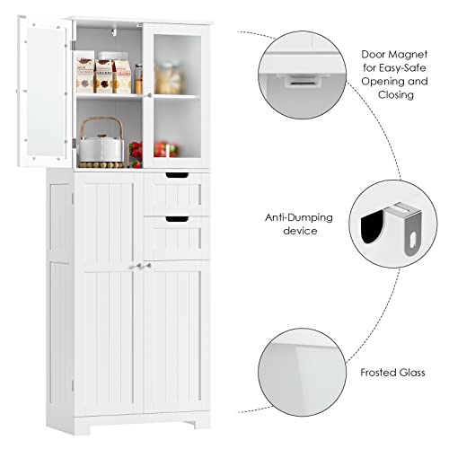 BOTLOG 67'' Tall Bathroom Storage Cabinet, Linen Cabinet with Glass Doors and Adjustable Shelves, Kitchen Pantry with 2 Drawers for Bathroom, Living Room, Dining Room, White | Frosted Glass Doors, Wood Drawers, Kitchen Pantry, Line Cabinet for Bathroom, L