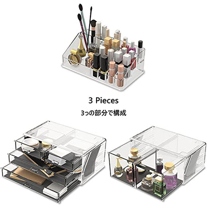 READAEER Makeup Organizer 3 Pieces Cosmetic Storage Case with 6 Drawers (Clear) - color: Clear