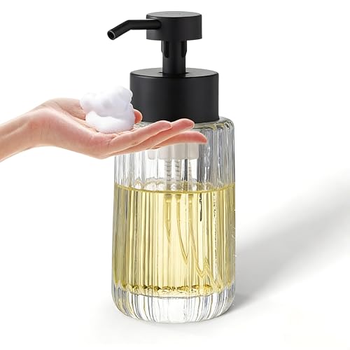 Easy Tang Glass Foaming Soap Dispenser with Black Pump, 12 OZ Vintage-Inspired Modern Glass Refillable Bottle, Hand Soap for Bathroom Countertop and Kitchen