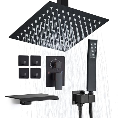 12 Inch Ceiling Mount Shower System Matte Black Rain Mixer Shower Combo Set High Pressure Rainfall Shower Head System Bathroom Luxury Shower Faucet Set Rough-in Valve and Shower Trim Included - color: Matte Black, style: 12 Inch-Update Valve