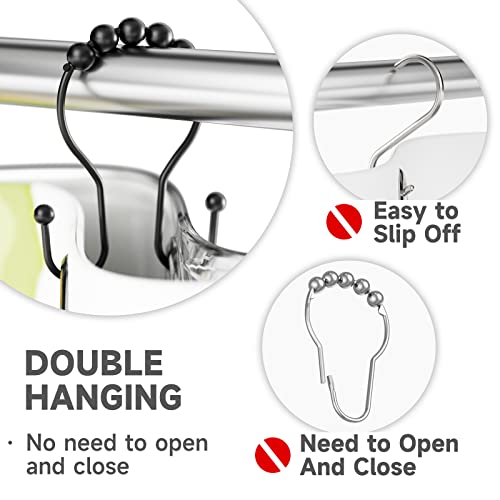 Bathway Shower Curtain Hooks Shower Curtain Rings Black Shower Curtain Hooks RustProof Smooth Metal Double Shower Curtain Hook, Shower Hooks for Shower Curtain Liner Bathroom Shower Rod Hook - color: Black