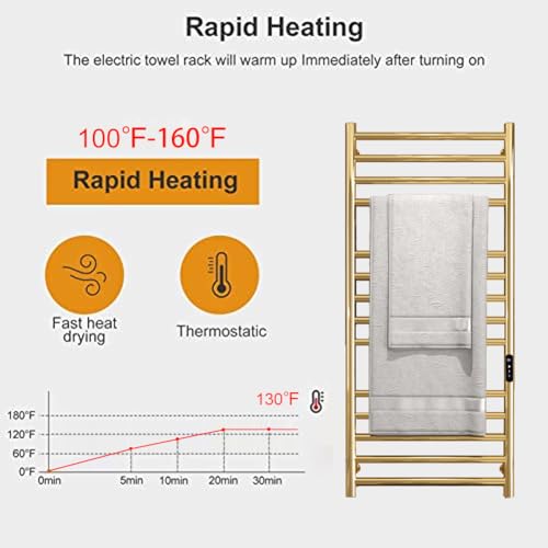 Gold Towel Warmers for Bathroom, Wall Mounted Hot Towel Racks, Heated Towel Drying Rack with Timer & Temperature Multi-Level Adjustable (14 Bars Brushed Gold, Plug-in) - color: 14 Bars Brushed Gold, size: Plug-in