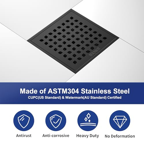 Square Shower Drain w/PVC Bonding Flange Base, 6" Matte Black | 304 Stainless Steel Drain w/ Drain Key for Low Profile Shower Tiles, CUPC Certified - color: Black6"
