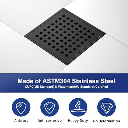 Square Shower Drain w/PVC Bonding Flange Base, 6" Matte Black | 304 Stainless Steel Drain w/ Drain Key for Low Profile Shower Tiles, CUPC Certified - color: Black6"