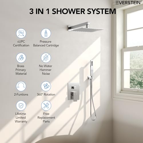 10" High-Pressure Rainfall Shower System with Handheld Spray, Wall Mount Bathroom Shower Faucet Set with Valve (Polished Chrome) - color: Chrome