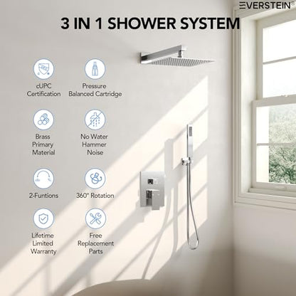 10" High-Pressure Rainfall Shower System with Handheld Spray, Wall Mount Bathroom Shower Faucet Set with Valve (Polished Chrome) - color: Chrome