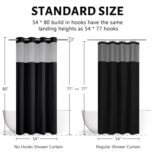Furlinic No Hook Waffle Weave Shower Curtain with Snap in Liner Set,Heavy Duty Fabric Textured Bathroom Curtain with Sheer Window,Waterproof & Machine Washable,Black,Stall Size 54x80 Inch - color: Black, size: 54"W x 80"L (Pack of 1)