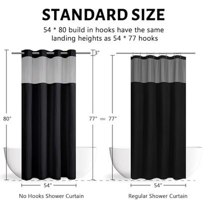 Furlinic No Hook Waffle Weave Shower Curtain with Snap in Liner Set,Heavy Duty Fabric Textured Bathroom Curtain with Sheer Window,Waterproof & Machine Washable,Black,Stall Size 54x80 Inch - color: Black, size: 54"W x 80"L (Pack of 1)