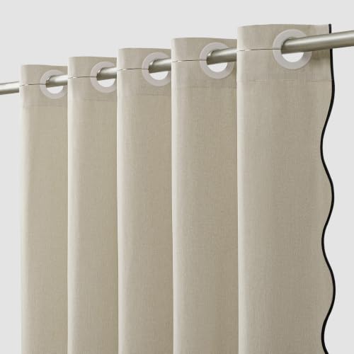 Furlinic Farmhouse Shower Curtain Boho Fabric Long Scalloped Beige 55x78 | 78 Inch Tall Linen Waterproof Neutral Decorative Curved Edge Elegant Bohemian Washable with Black Border for Walk In Bathroom - color: Beige Cream, size: 55"W x 78"L (Pack of 1)