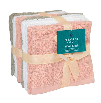 Pleasant Home Chevron Wash Cloths Set - 12 Pack (12” x 12”) – 509 GSM - 100% Ring Spun Cotton Wash Cloth - Super Soft and Highly Absorbent Face Towels (Blush, White & Tan) - color: Blush, White & Tan, style: Chevron