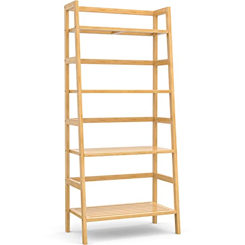 Bamboo Ladder Shelf, 4-Tier Wooden Ladder Bookshelf & Bookcase Organizer | 50” Freestanding Open Display Storage Shelves, Wood Plant Stand Rack for Small Space, Bathroom, Living Room, Bedroom - color: Natural