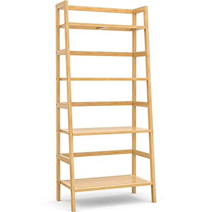 Bamboo Ladder Shelf, 4-Tier Wooden Ladder Bookshelf & Bookcase Organizer | 50” Freestanding Open Display Storage Shelves, Wood Plant Stand Rack for Small Space, Bathroom, Living Room, Bedroom - color: Natural